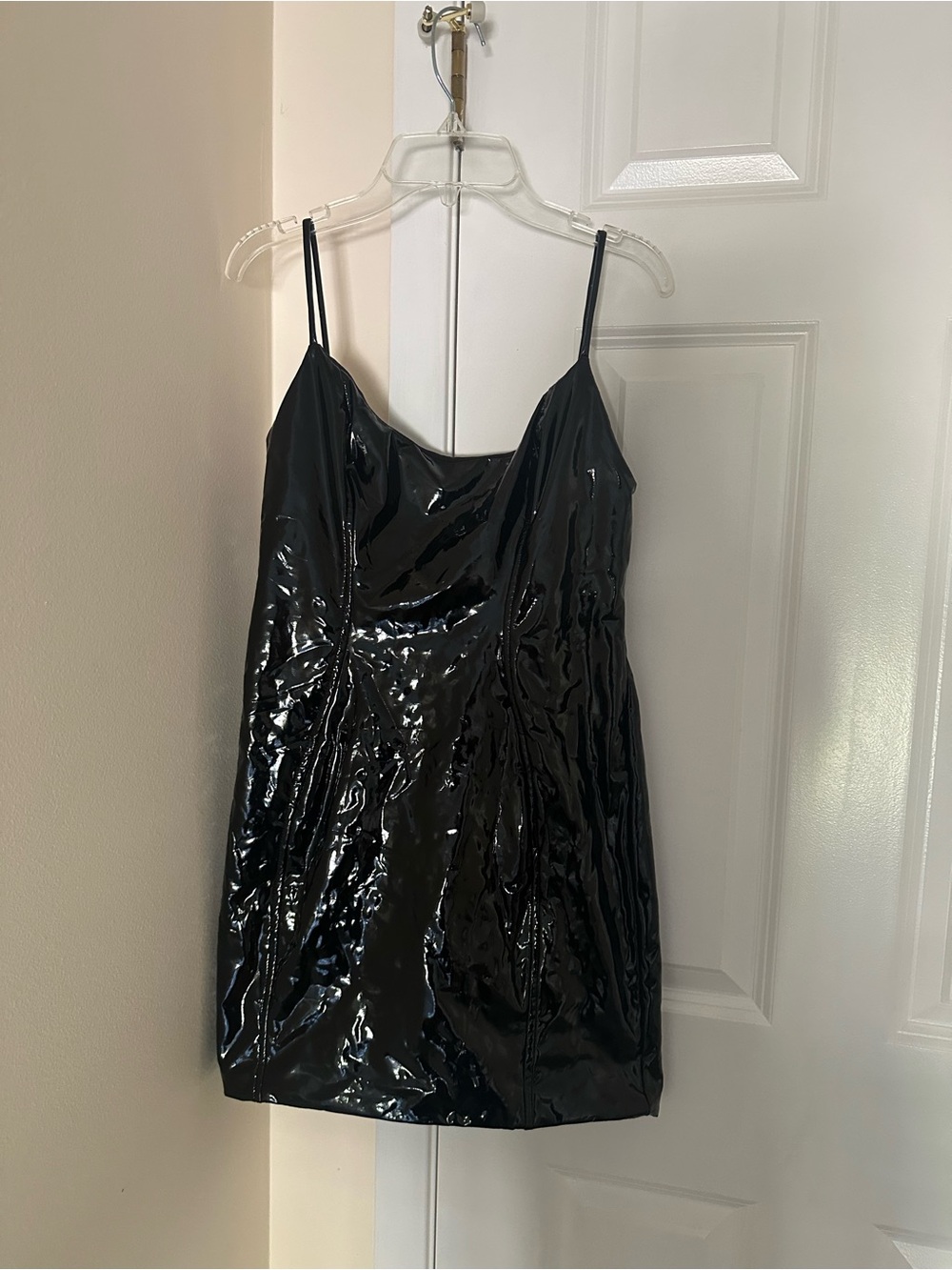 Oh Polly Black Patent Mini Slip Dress with Spaghetti Straps